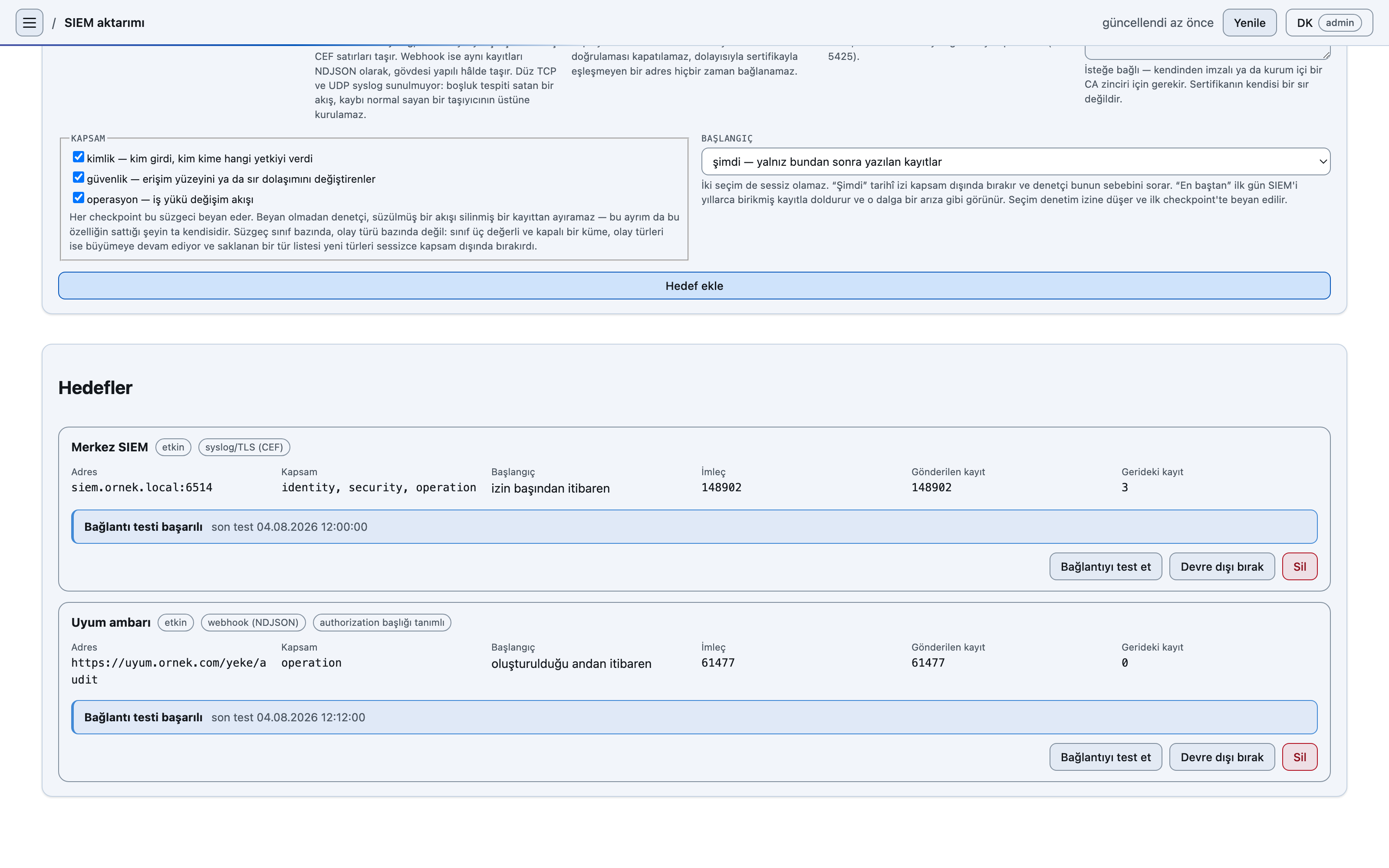 YEKE SIEM aktarım ekranı: iki etkin hedef — biri syslog/TLS ve CEF taşıyan bir merkez SIEM, öteki NDJSON gövdeli bir webhook ambarı. Her hedefin kapsamı, başlangıcı, imleci, gönderilen kayıt sayısı ve geride kalan kayıt sayısı sütun sütun yazılı; ikisinin de bağlantı testi başarılı
