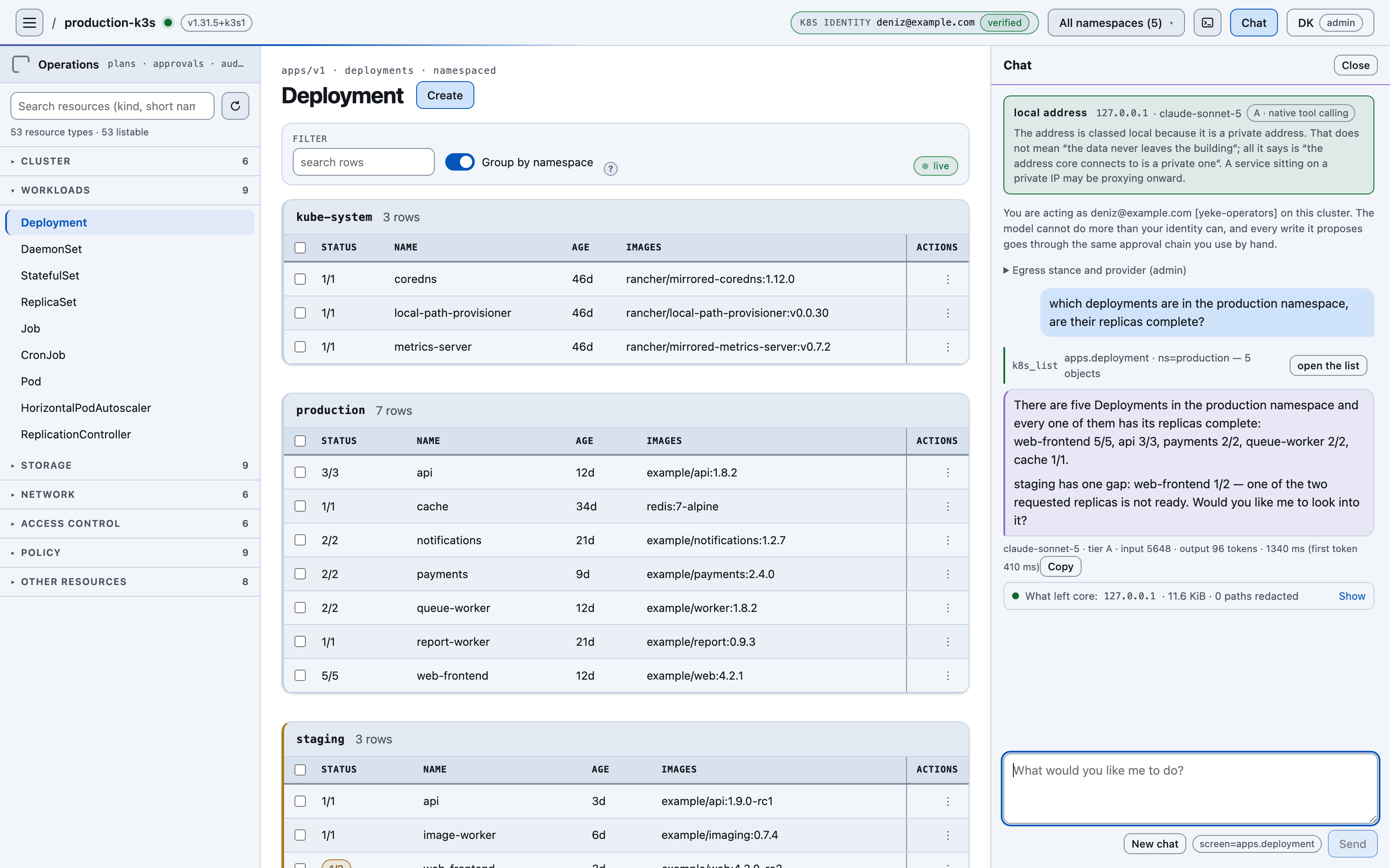 The YEKE chat surface: the egress transparency card, the identity line, a k8s_list tool-call chip and token and latency telemetry