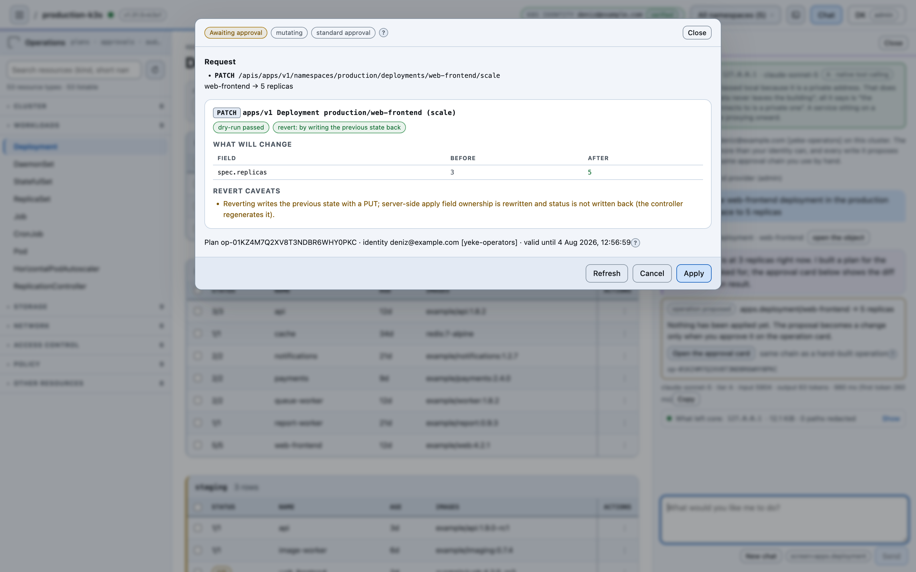 A YEKE plan approval card: a mutating plan awaiting standard approval, the PATCH request, a before-and-after diff table, a dry-run passed badge and the Apply button