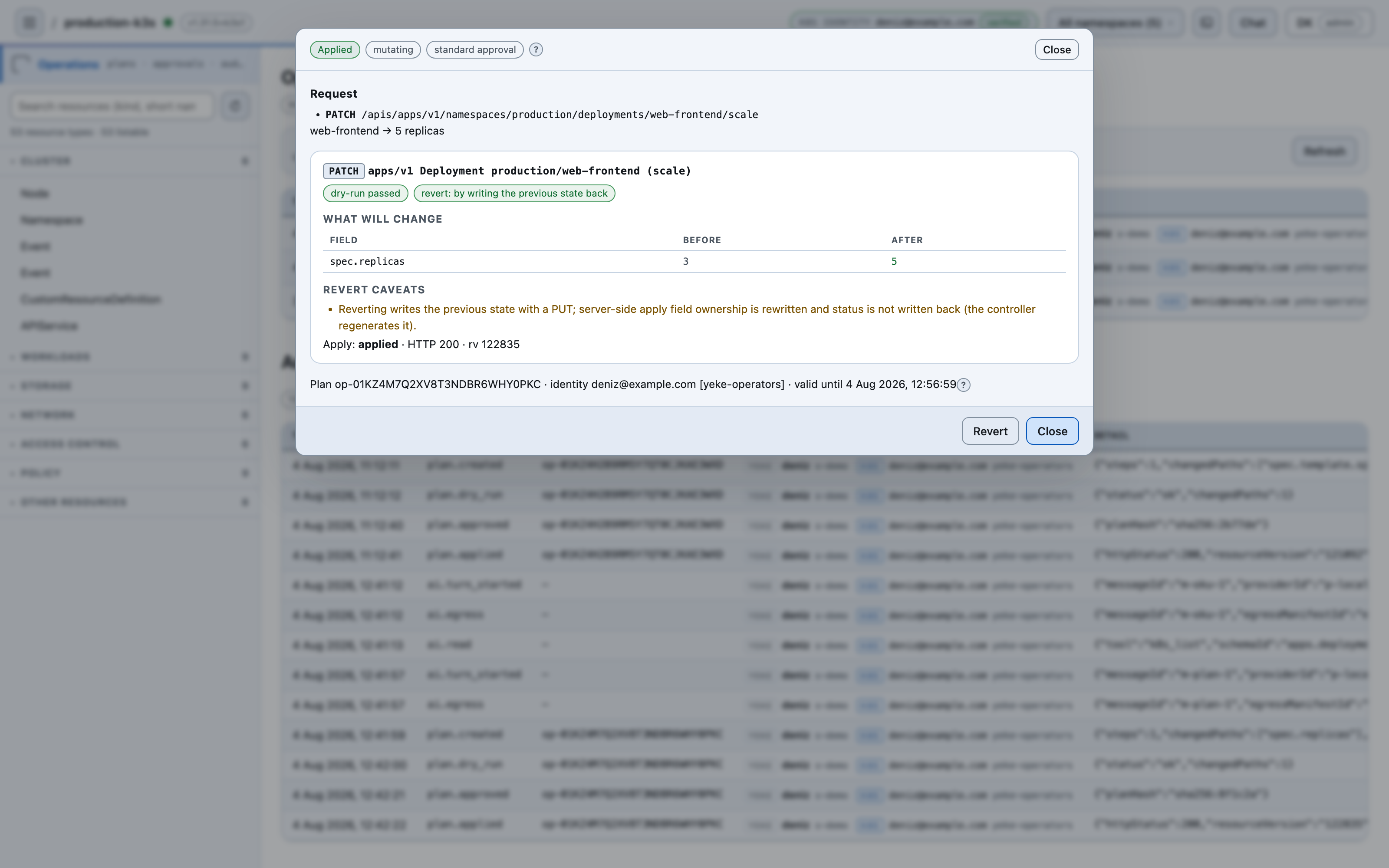 The same card after it was applied: an Applied badge, the line applied · HTTP 200 · rv 122835 and a Revert button