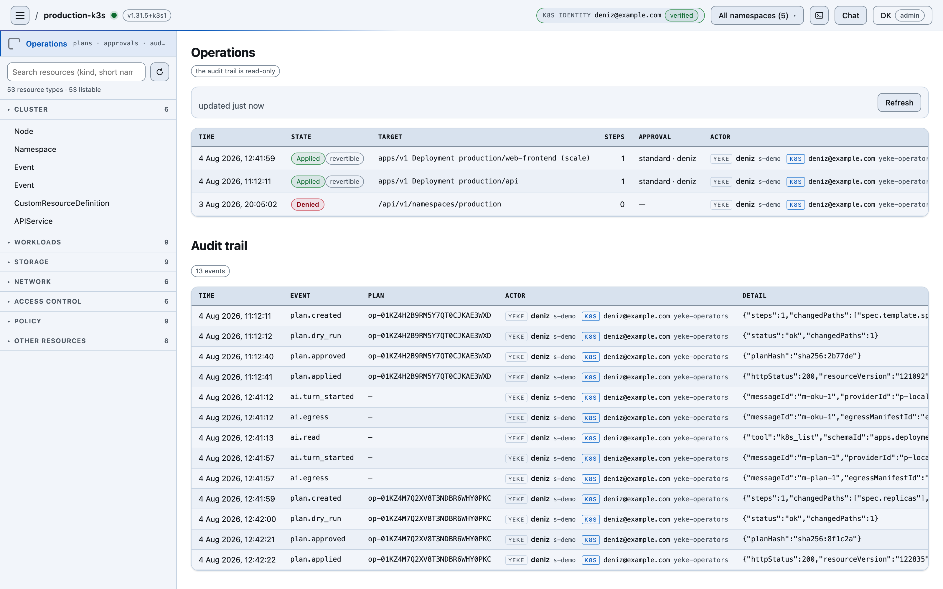 The YEKE operations ledger and audit trail: the applied plan row and the ai.read, ai.egress and plan.created events