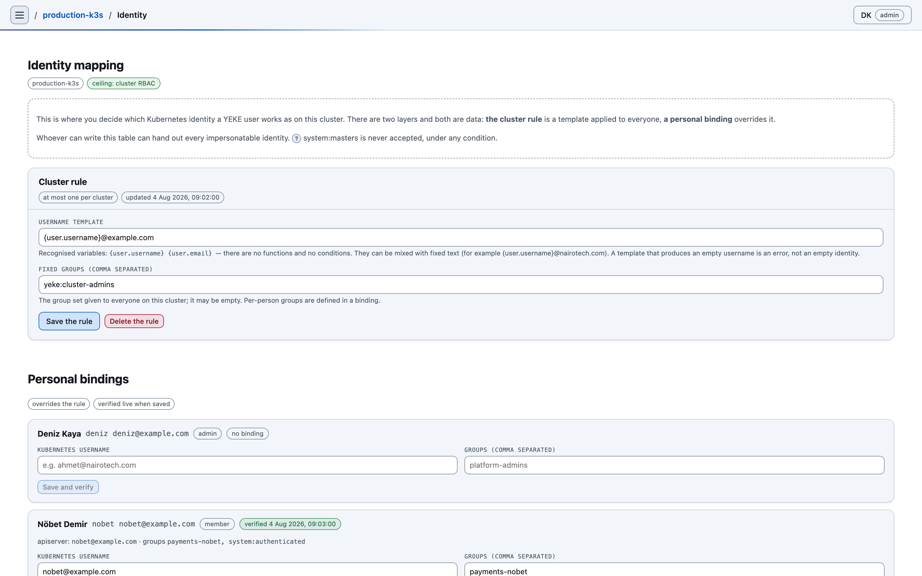 YEKE identity mapping screen: the cluster rule and username template on top, the list of personal bindings below