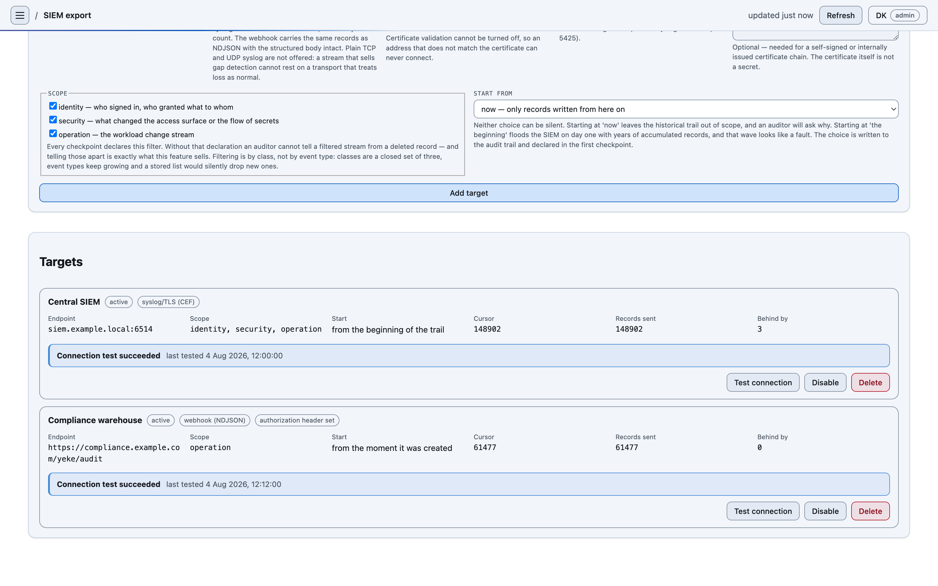 The YEKE SIEM export screen: two active targets — one a central SIEM carrying syslog over TLS with CEF, the other a webhook store with an NDJSON body. For each target the scope, start point, cursor, records sent and records still behind are written out column by column; both connection tests have passed