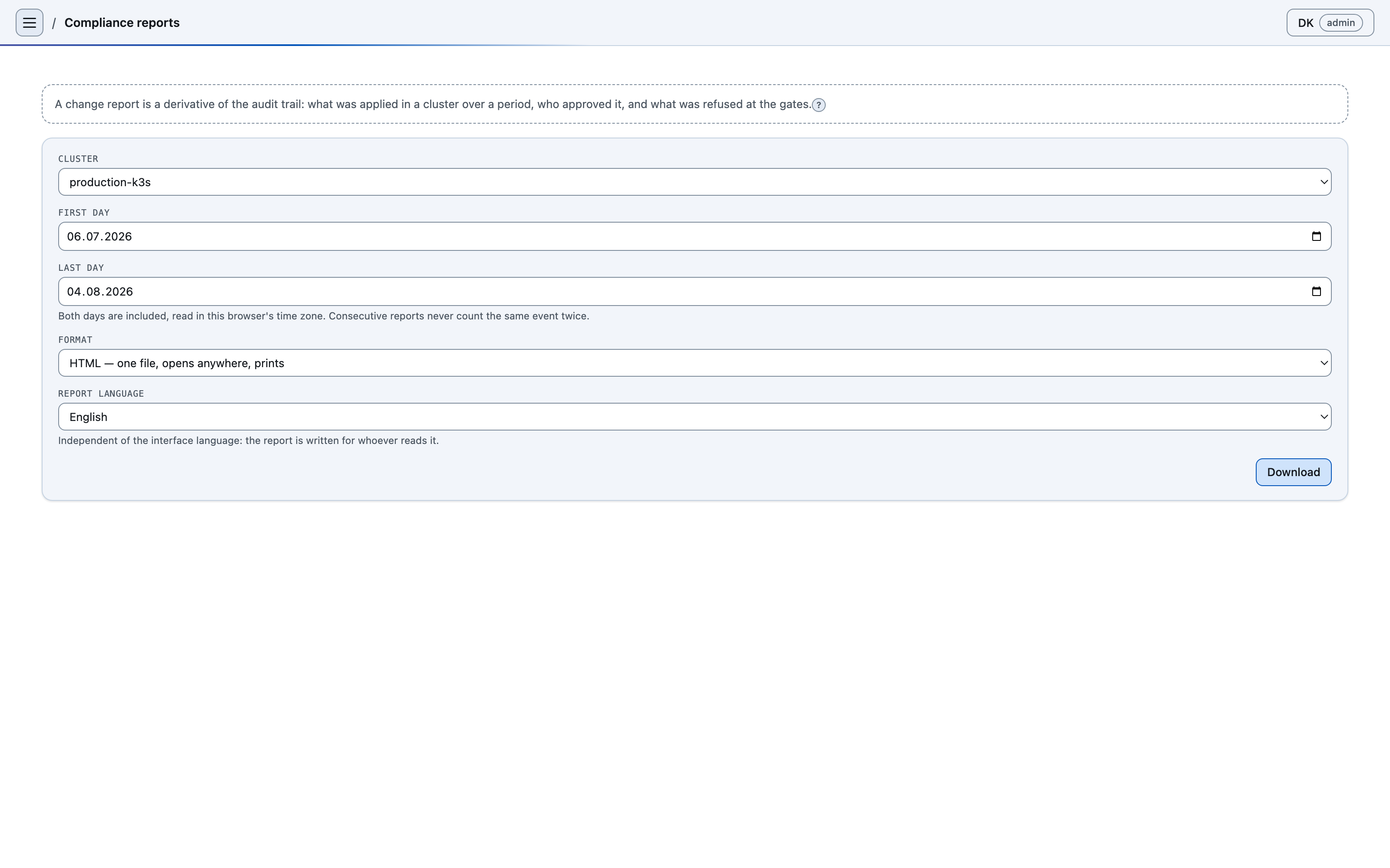 The YEKE compliance report form: cluster selection, the first and last day of the period, a format choice (single-file HTML) and the report's language. Below the form, a note saying the report is independent of the interface language, and a download button