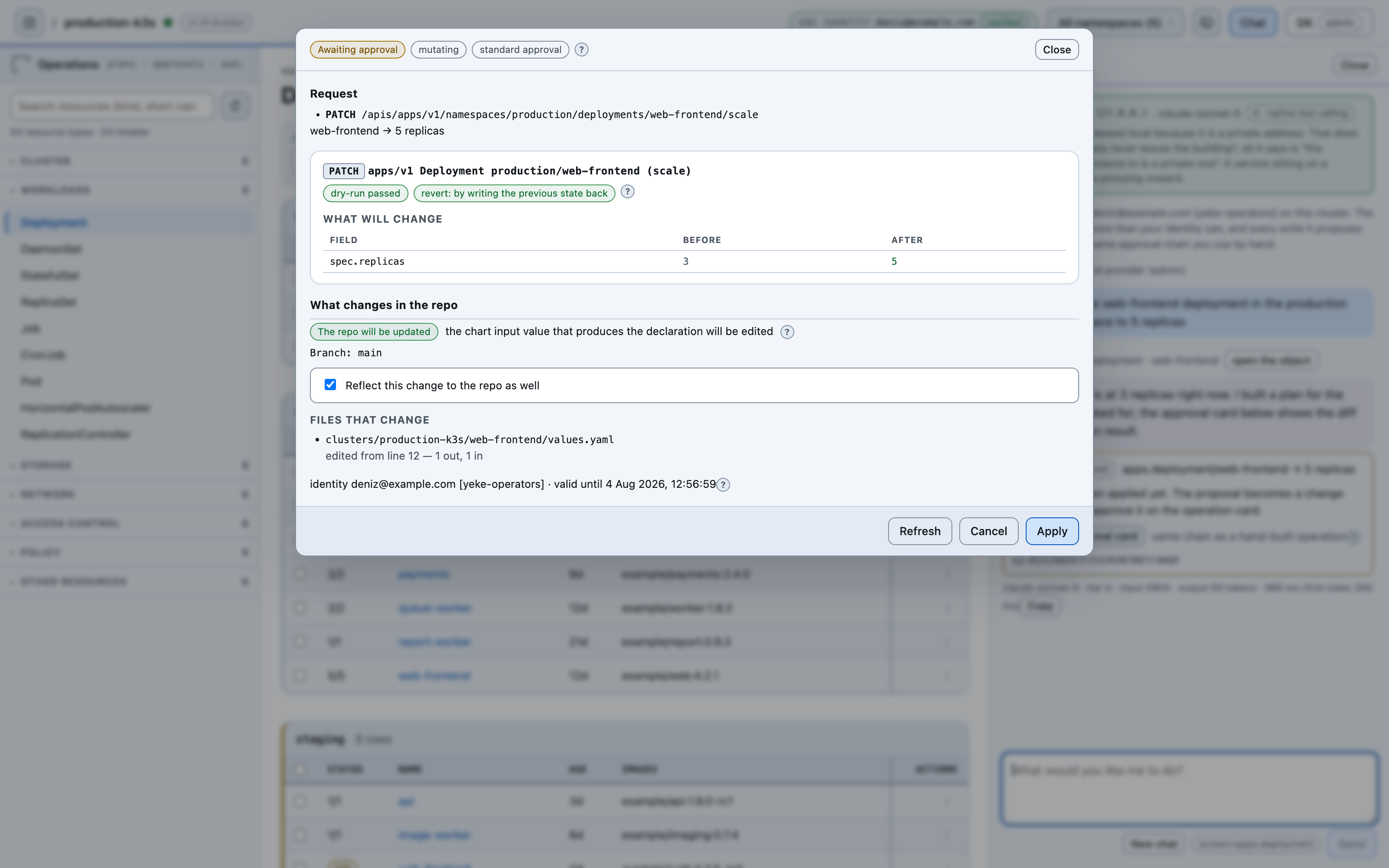 The repo section of a YEKE approval card: below the diff table showing what will change on the cluster, a 'What will change in the repo' heading, a badge saying the repo will be updated, the target branch, a checkbox to mirror the change into the repo, and the path of the file that will change — with the line it is edited from and how many lines go out and come in