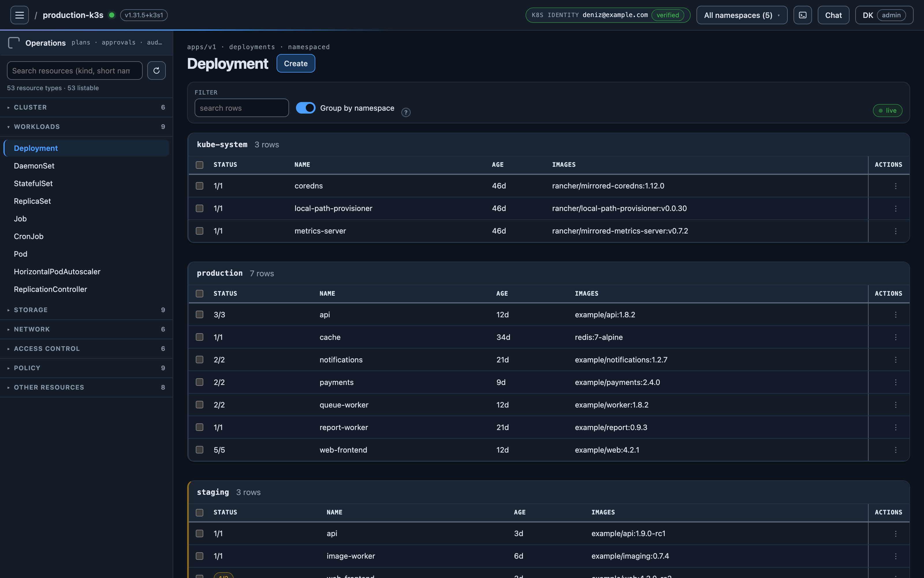 The same workload list on the dark theme: the kube-system, production and staging namespace panels, with the status column and the live badge
